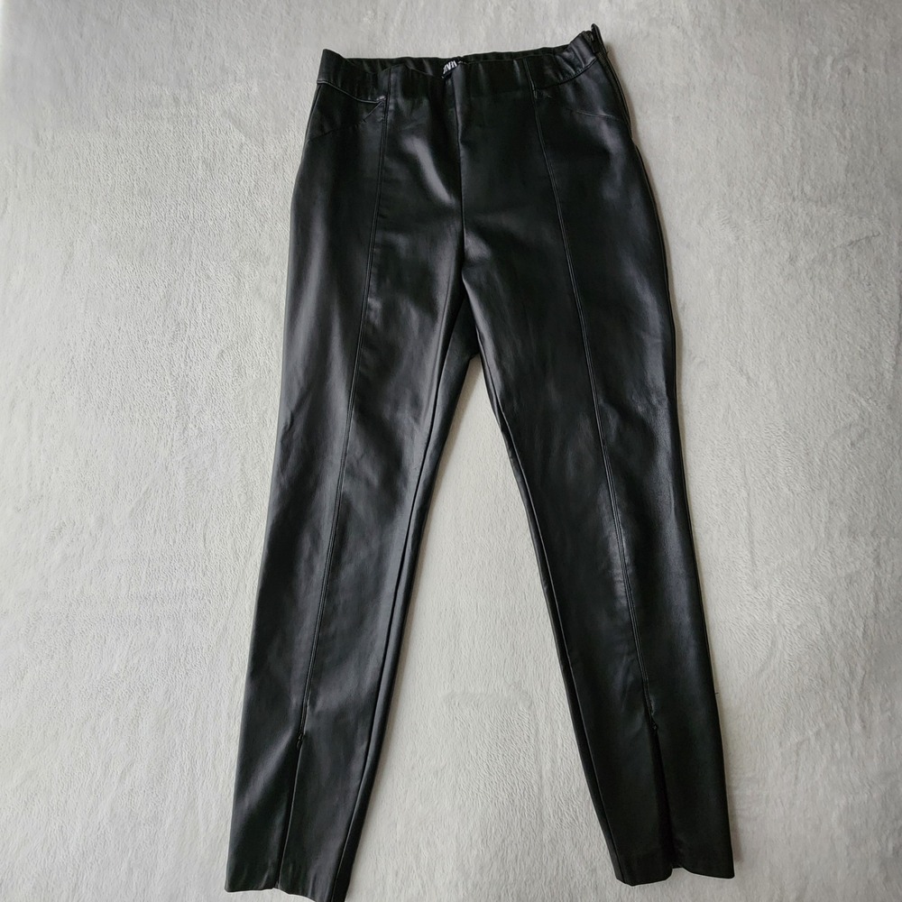 Zara Faux Leather Pants Womens Large Black Ankle Zip High Rise Tapered Pleather